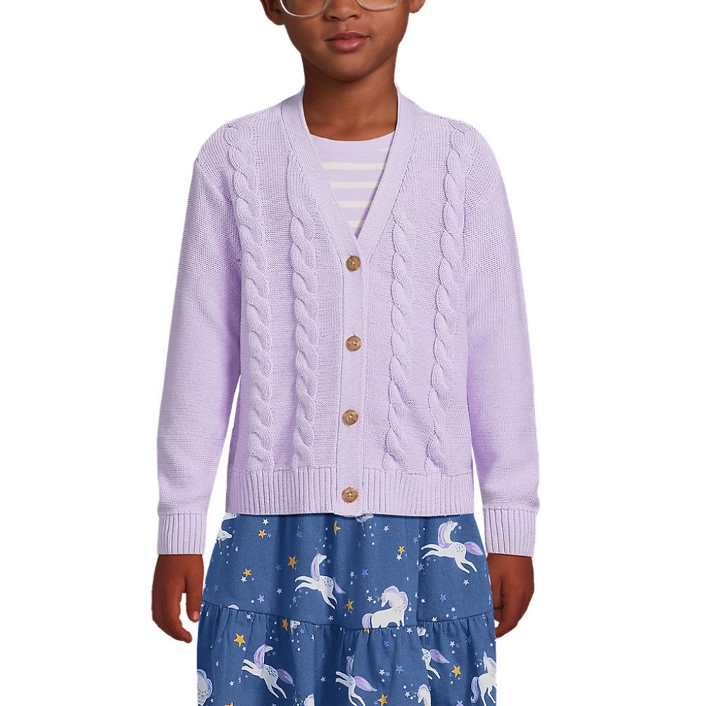 Lands End Kids button front cable cardigan, large (10-12) lavender cloud - Picture 2 of 7